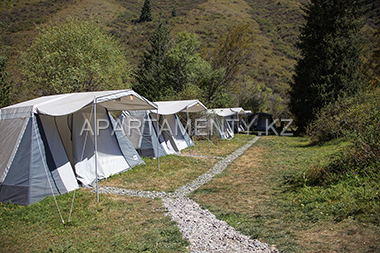 Camping, tents in Turgen gorge, tourism in Almaty region
