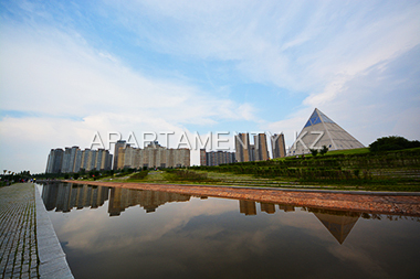 Park near the Palace of Peace and Reconciliation (pyramida) in Astana