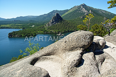 View on Borovoe lake, stone Zhumbaktas and Okzhetpes