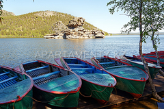 Sacred Lake of Burabay - Auliekol. Public beach at Burabay Lake. Sights of Burabay Lake.